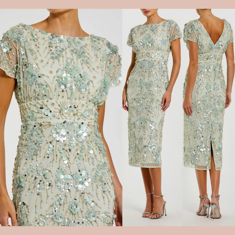NWT MAC DUGGAL‎ [ 12 ] 94150 Embellished Mesh Fitted Cap Sleeve Dress Sage S2020